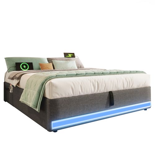 Lit Coffre Adulte 140x200cm Avec LED Et Port De Charge, Sommier Relevable, Lin, Gris