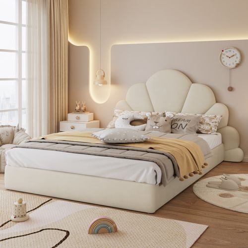 Lit Double 140x200cm Avec Tête De Lit En Forme De Fleur, Velours Beige, Pour Enfant,adulte