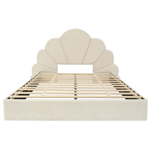 Lit Double 140x200cm Avec Tête De Lit En Forme De Fleur, Velours Beige, Pour Enfant,adulte
