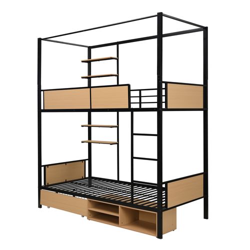 Lit Superposé 90x200cm En Métal Noir Avec Sommiers Et Rangement De Tiroir, Étagères Et Niches