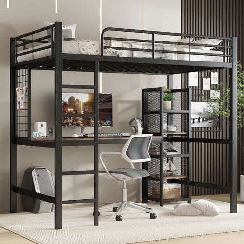Lit Mezzanine 90x200cm Avec Sommier, Bureau Et Étagères De Rangement, Métal Noir