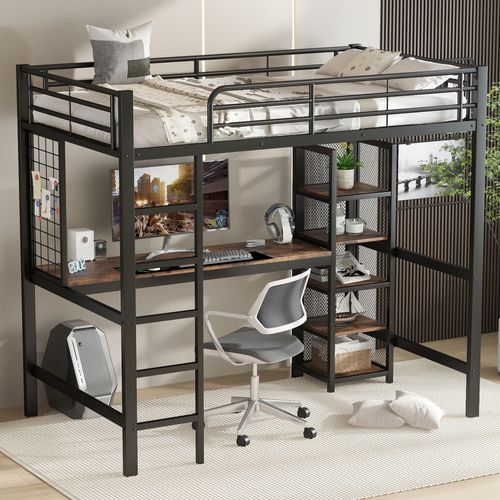 Lit Mezzanine 90x200cm Avec Sommier, Bureau Et Étagères De Rangement, Métal Noir
