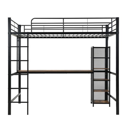 Lit Mezzanine 90x200cm Avec Sommier, Bureau Et Étagères De Rangement, Métal Noir