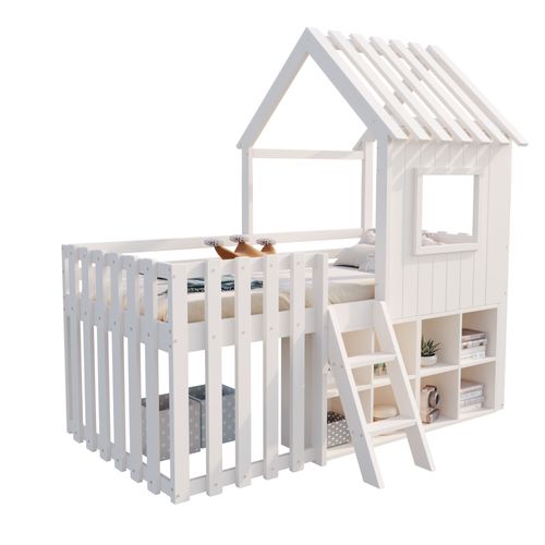 Lit Cabane Enfant 90x200cm Mi-haut En Bois Avec Toit, Fenêtres, Escalier Et Rangements – Blanc