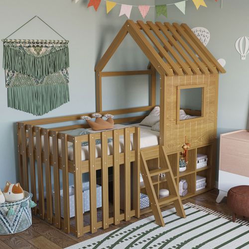 Lit Cabane Enfant 90x200cm Mi-haut En Bois Avec Toit, Fenêtres, Escalier Et Rangements – Bois