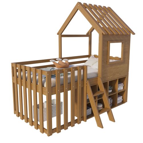 Lit Cabane Enfant 90x200cm Mi-haut En Bois Avec Toit, Fenêtres, Escalier Et Rangements – Bois