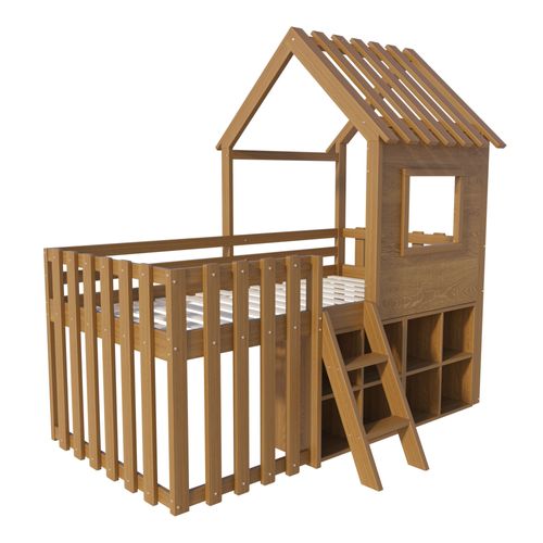 Lit Cabane Enfant 90x200cm Mi-haut En Bois Avec Toit, Fenêtres, Escalier Et Rangements – Bois