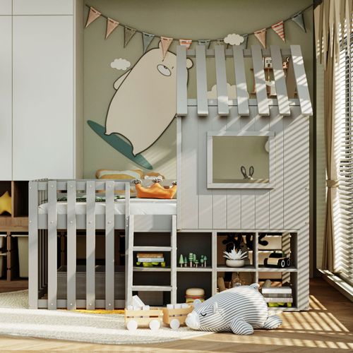 Lit Cabane Enfant 90x200cm Mi-haut En Bois Avec Toit, Fenêtres, Escalier Et Rangements – Gris