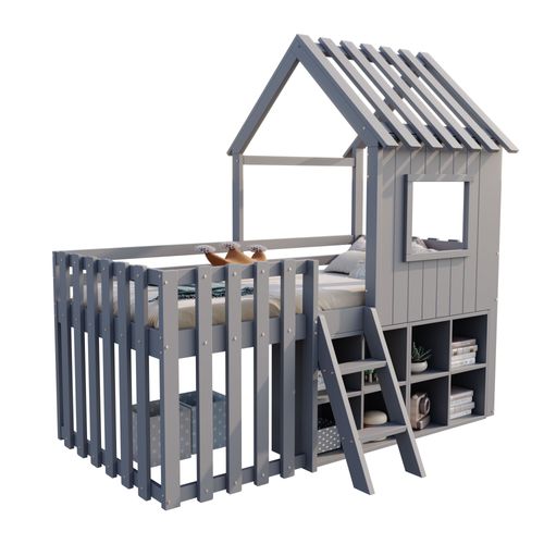 Lit Cabane Enfant 90x200cm Mi-haut En Bois Avec Toit, Fenêtres, Escalier Et Rangements – Gris