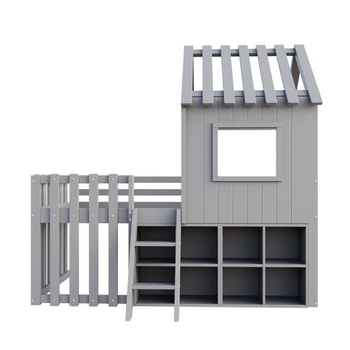 Lit Cabane Enfant 90x200cm Mi-haut En Bois Avec Toit, Fenêtres, Escalier Et Rangements – Gris