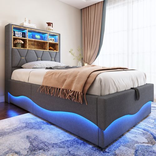 Lit Coffre Enfant 90x200cm Avec LED, USB/type-c Et Tête De Lit Avec Rangement, Sommier, Lin, Gris