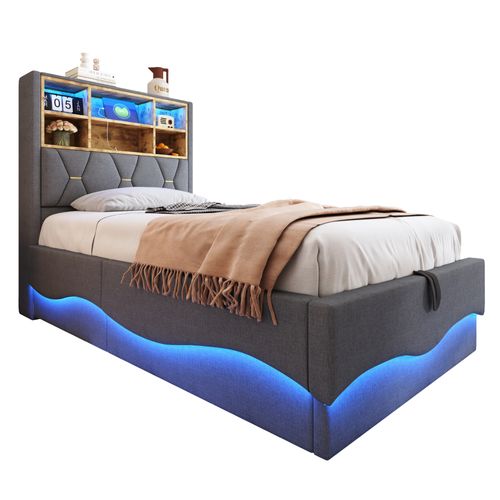 Lit Coffre Enfant 90x200cm Avec LED, USB/type-c Et Tête De Lit Avec Rangement, Sommier, Lin, Gris