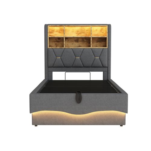 Lit Coffre Enfant 90x200cm Avec LED, USB/type-c Et Tête De Lit Avec Rangement, Sommier, Lin, Gris