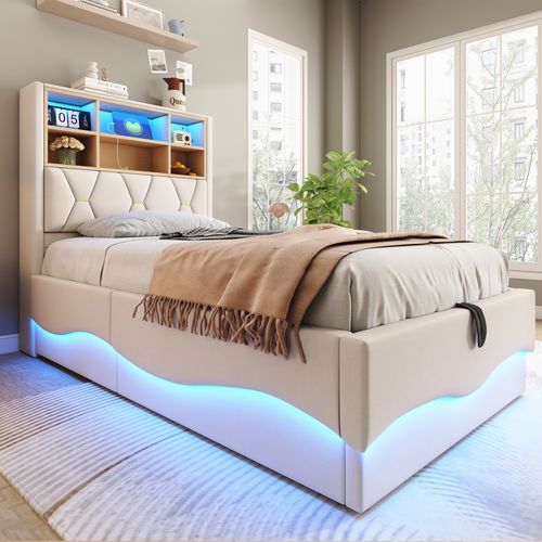 Lit Coffre Enfant 90x200cm, LED Et USB,type-c, Tête De Lit Avec Rangement, Sommier, Lin, Beige