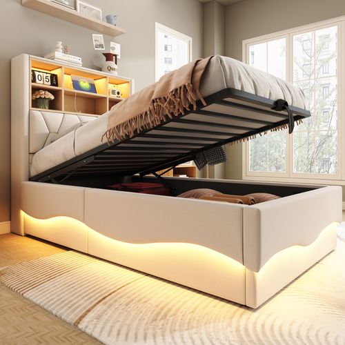 Lit Coffre Enfant 90x200cm, LED Et USB,type-c, Tête De Lit Avec Rangement, Sommier, Lin, Beige