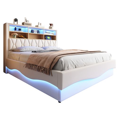 Lit Coffre Adulte 180x200cm, LED Et USB,type-c, Tête De Lit Avec Rangement, Sommier, Lin, Blanc