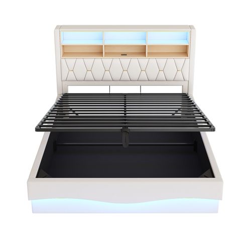 Lit Coffre Adulte 180x200cm, LED Et USB,type-c, Tête De Lit Avec Rangement, Sommier, Lin, Blanc