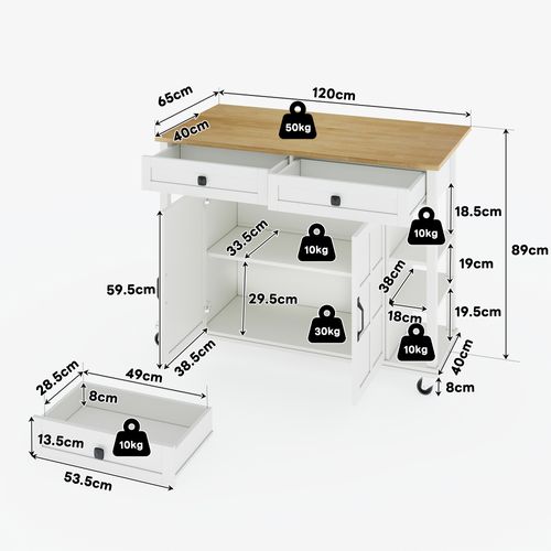 Desserte De Cuisine Blanc Et Plateau Pliable Naturel Avec Tiroirs, Étagères Et Portes