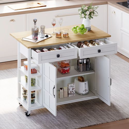 Desserte De Cuisine Blanc Et Plateau Pliable Naturel Avec Tiroirs, Étagères Et Portes