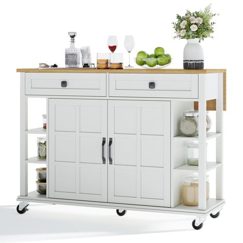 Desserte De Cuisine Blanc Et Plateau Pliable Naturel Avec Tiroirs, Étagères Et Portes