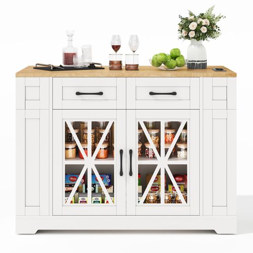 Desserte De Cuisine à Roulettes Blanc Et Naturel, Prises,usb Et Portes En Verre, Multi-rangement