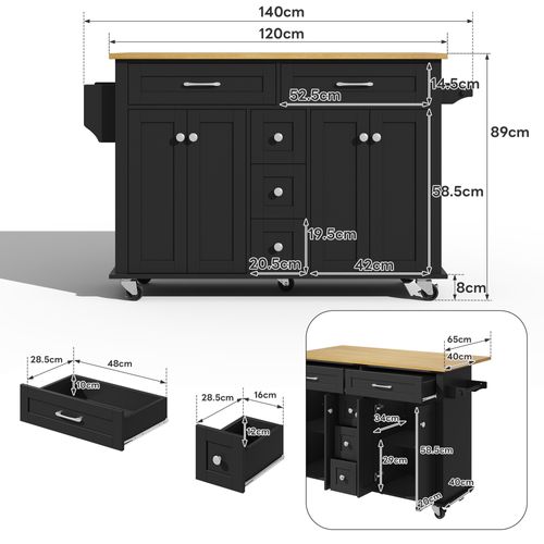 Desserte De Cuisine Sur Roulettes Noir Et Plateau Pliable Naturel Avec 5 Tiroirs, 4 Portes