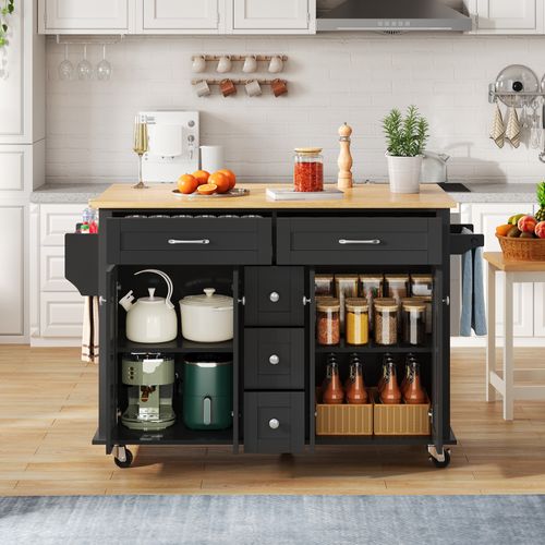 Desserte De Cuisine Sur Roulettes Noir Et Plateau Pliable Naturel Avec 5 Tiroirs, 4 Portes