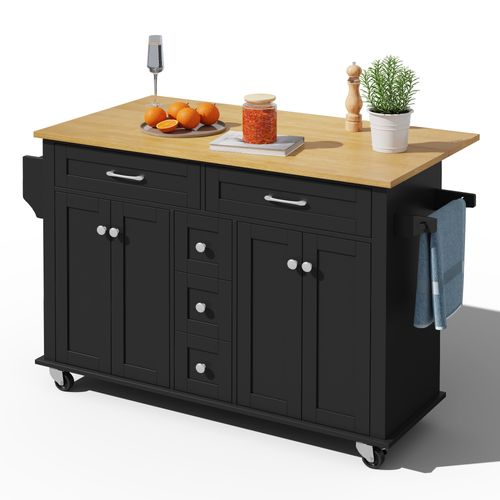 Desserte De Cuisine Sur Roulettes Noir Et Plateau Pliable Naturel Avec 5 Tiroirs, 4 Portes
