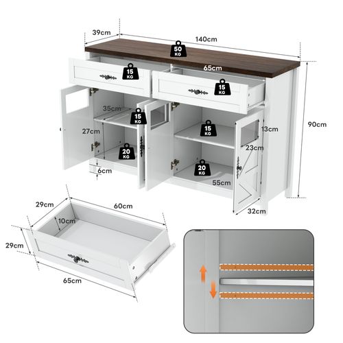 Buffet De Cuisine Blanc Et Bois 140cm, Rangement De Tiroirs, Portes Vitrées Et Étagères Réglables