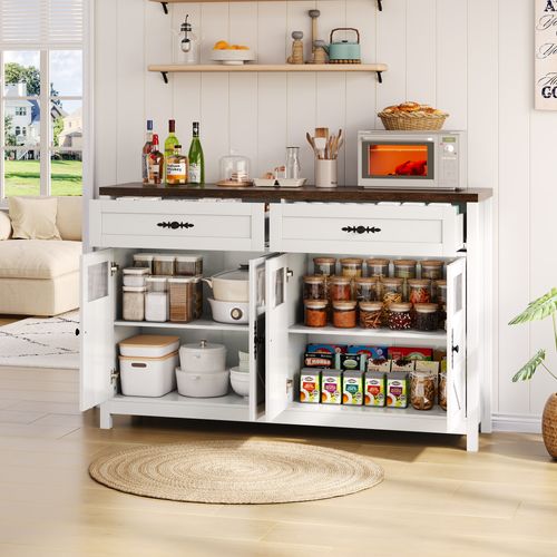 Buffet De Cuisine Blanc Et Bois 140cm, Rangement De Tiroirs, Portes Vitrées Et Étagères Réglables