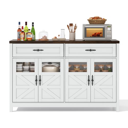 Buffet De Cuisine Blanc Et Bois 140cm, Rangement De Tiroirs, Portes Vitrées Et Étagères Réglables