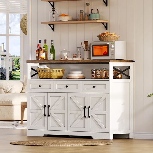Buffet De Cuisine Blanc Et Bois 140cm Avec Tiroirs, Portes Et Rangements Ouverts