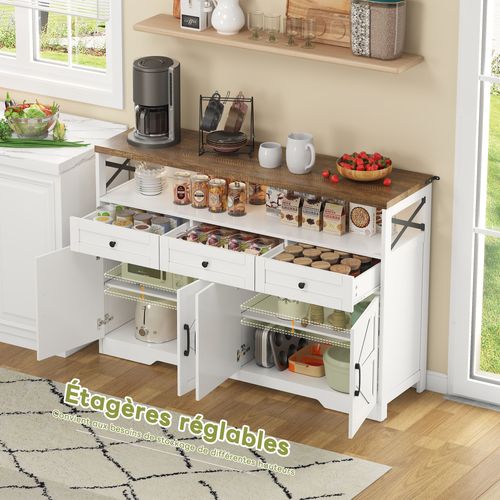 Buffet De Cuisine Blanc Et Bois 140cm Avec Tiroirs, Portes Et Rangements Ouverts