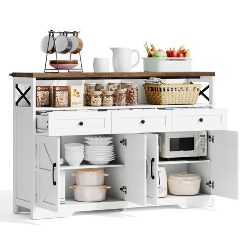 Buffet De Cuisine Blanc Et Bois 140cm Avec Tiroirs, Portes Et Rangements Ouverts