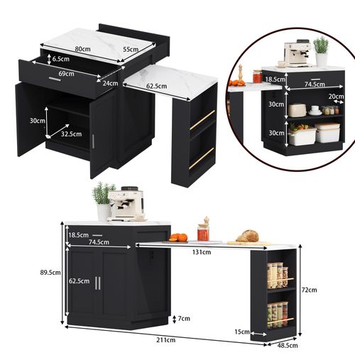 Desserte De Cuisine Noir Et Blanc Avec USB, Table Extensible à Roulettes Et Rangement, Effet Marbre