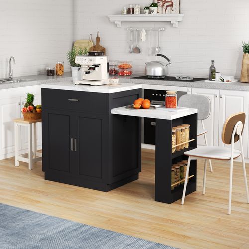 Desserte De Cuisine Noir Et Blanc Avec USB, Table Extensible à Roulettes Et Rangement, Effet Marbre