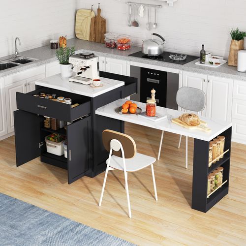 Desserte De Cuisine Noir Et Blanc Avec USB, Table Extensible à Roulettes Et Rangement, Effet Marbre