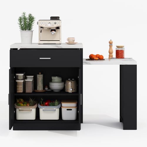 Desserte De Cuisine Noir Et Blanc Avec USB, Table Extensible à Roulettes Et Rangement, Effet Marbre