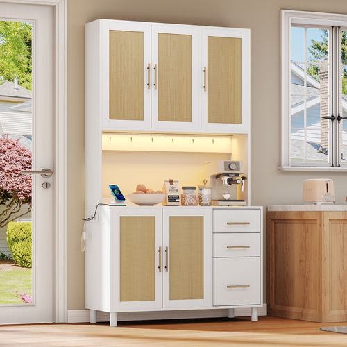 Buffet De Cuisine Haut.183cm Blanc En Rotin Avec LED, Prises, Étagères Réglable Et Tiroirs