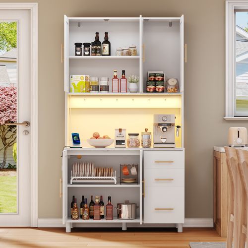 Buffet De Cuisine Haut.183cm Blanc En Rotin Avec LED, Prises, Étagères Réglable Et Tiroirs