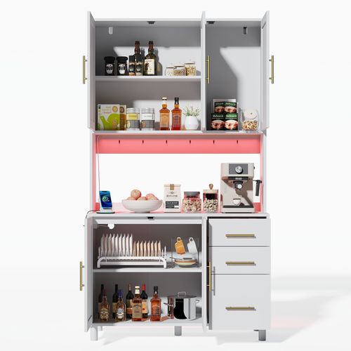 Buffet De Cuisine Haut.183cm Blanc En Rotin Avec LED, Prises, Étagères Réglable Et Tiroirs