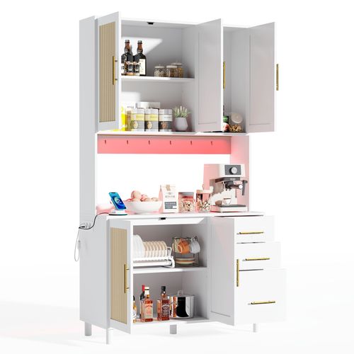 Buffet De Cuisine Haut.183cm Blanc En Rotin Avec LED, Prises, Étagères Réglable Et Tiroirs