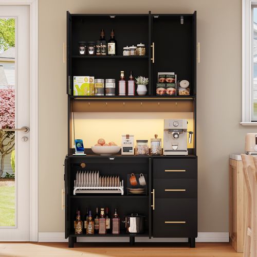 Buffet De Cuisine Haut.183cm Noir En Rotin Avec LED, Prises, Étagères Réglable Et Tiroirs