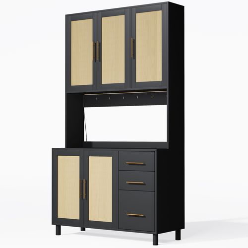 Buffet De Cuisine Haut.183cm Noir En Rotin Avec LED, Prises, Étagères Réglable Et Tiroirs