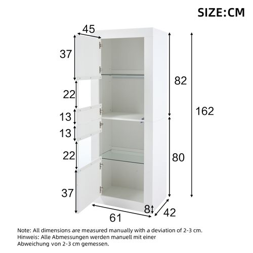 Buffet Haut.162cm Vitrine Blanc LED Avec Rangement, Étagères Réglable En Verre Et Portes