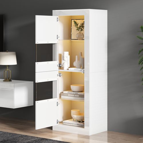 Buffet Haut.162cm Vitrine Blanc LED Avec Rangement, Étagères Réglable En Verre Et Portes