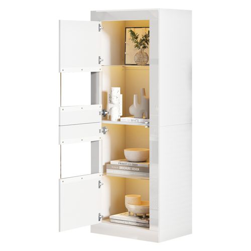 Buffet Haut.162cm Vitrine Blanc LED Avec Rangement, Étagères Réglable En Verre Et Portes