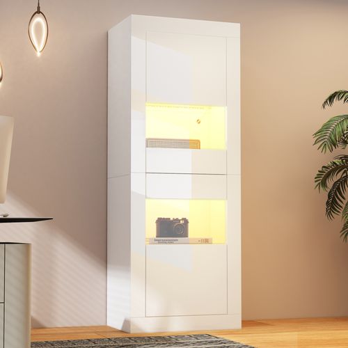 Buffet Haut.162cm Vitrine Blanc LED Avec Rangement, Étagères Réglable En Verre Et Portes