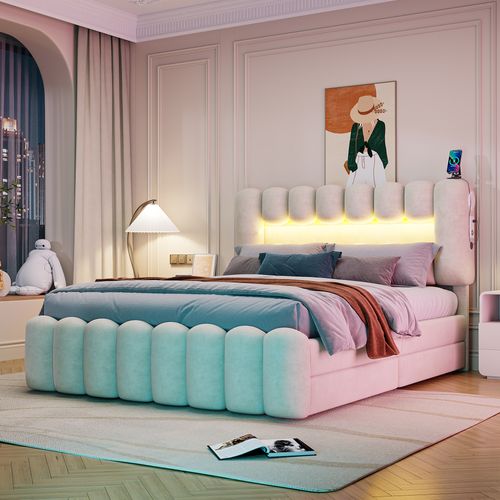 Lit Adulte 140x200 Cm En Tissu Velours Avec 4 Tiroirs De Rangement, LED+usb+enceinte, Beige