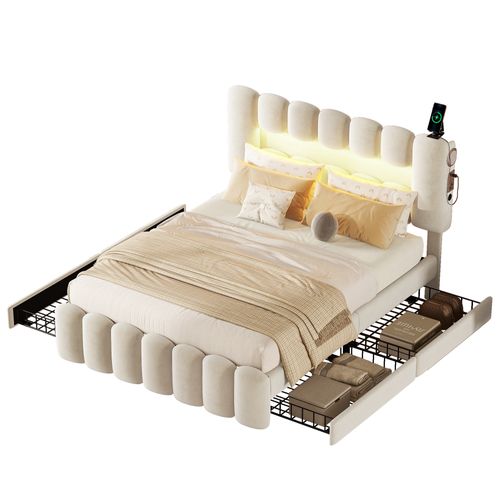 Lit Adulte 140x200 Cm En Tissu Velours Avec 4 Tiroirs De Rangement, LED+usb+enceinte, Beige